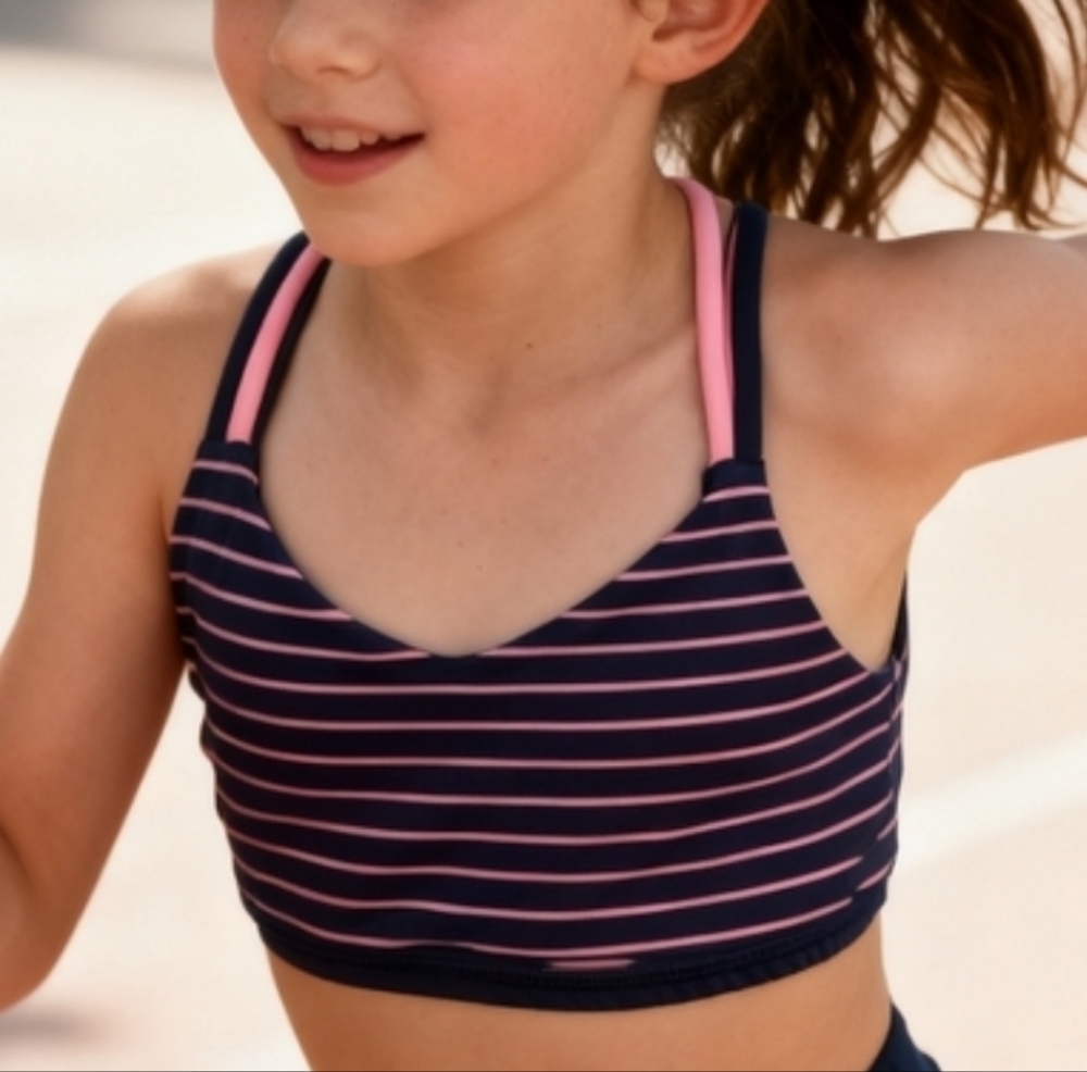 Ivivva Girls S 7/8 Navy Pink Striped Crisscross Sports Bra Athletic Training Top
